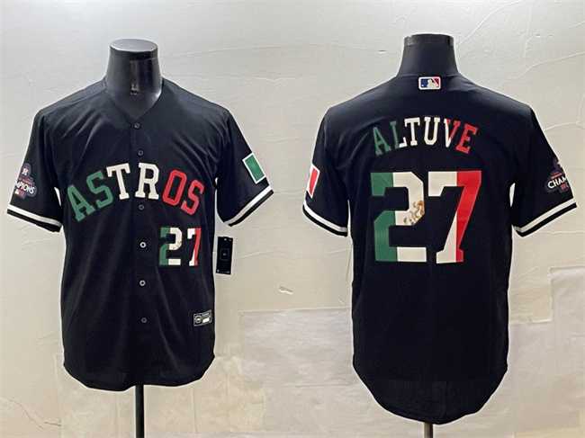 Men%27s Houston Astros #27 Jose Altuve Black Mexico With World Serise Champions Patch Cool Base Stitched Jersey Dzhi